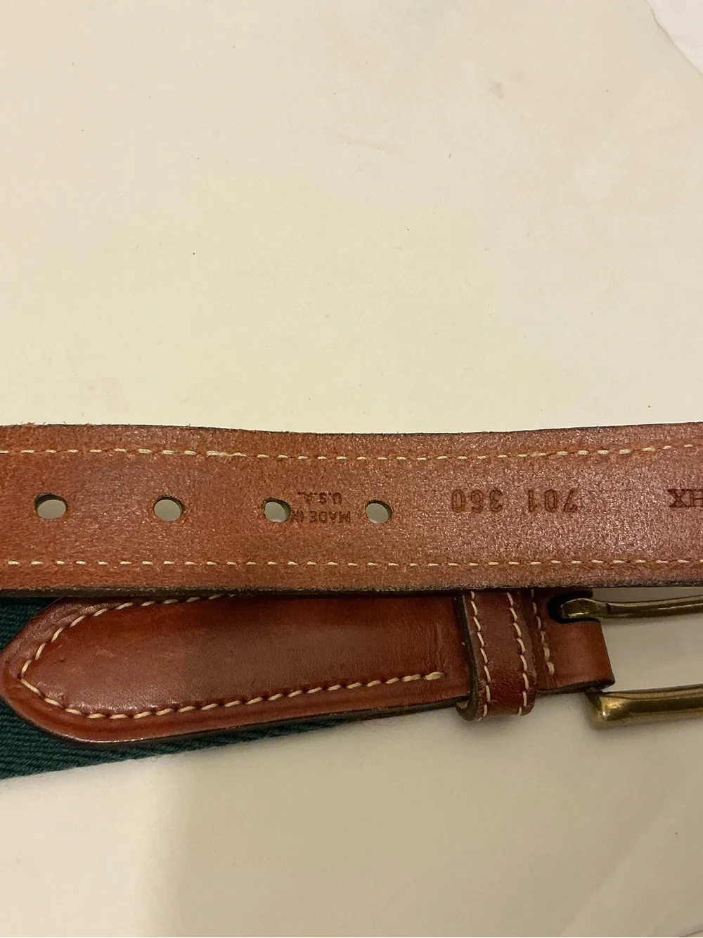 Tommy Hilfiger Green and Burgundy Canvas Belt with Brown Leather Trim sz 38